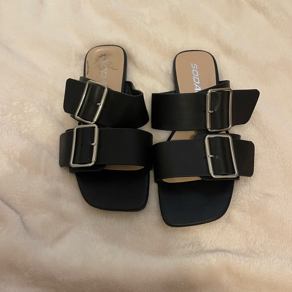 Soda Women's Black Double Buckle Slides